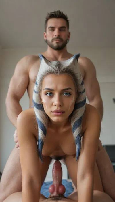 Ahsoka Tano, space station, standing, naked, pubic hair, looking at viewer, fucked by a Worgen, large canine penis, knot, cum inside, creampie, doggystyle, on all fours