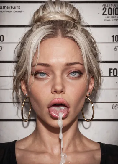 (Asura art style), 1girl, MILF, bimbo, whore, slut, slutty face, blond hair, hair is tied in a bun, lush hair, pink lipstick, large lips, duck lips, perfect face, detailed, ahegao, (rolling eyes), tongue, excessive cum, mugshot, front view, cum on hair, clothed, white highlights