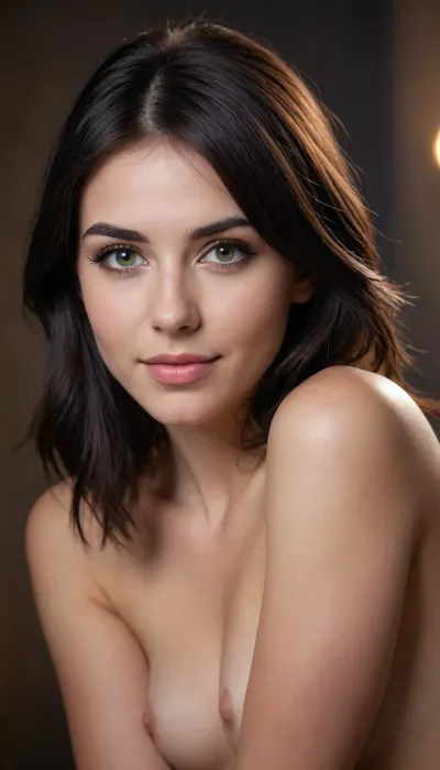 ziprealism, (nude study of a stunning young woman, perfect eyes:1.3), (feminine beauty in profile, medium full shot, cowboy shot), (adorable girlfriend, sense of vulnerability, intimate esthetic, soft shy smile, bashful pose, relaxed posture:1.5), (flawless skin, pale alabaster skin), (raven black hair, cool undertones in hair, bangs haircut:1.2), minimalist composition, sharp focus on eyes, subtle makeup details, textured dark charcoal grey studio background, subtle vignette, (dramatic cinematic lighting:1.2), strong key light illuminating the face, soft rim light creating separation, deep contrasting shadows, shot on Sony A7R IV with 85mm f/1.4 lens, shallow depth of field, bokeh background, professional color grading, RAW photo quality, striking visual contrast