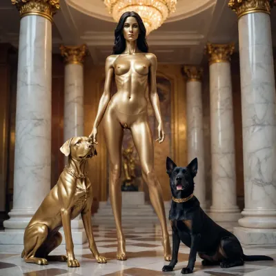 Marble Statue tall skinny woman long legs skinny, gold flame, two agressive dogs