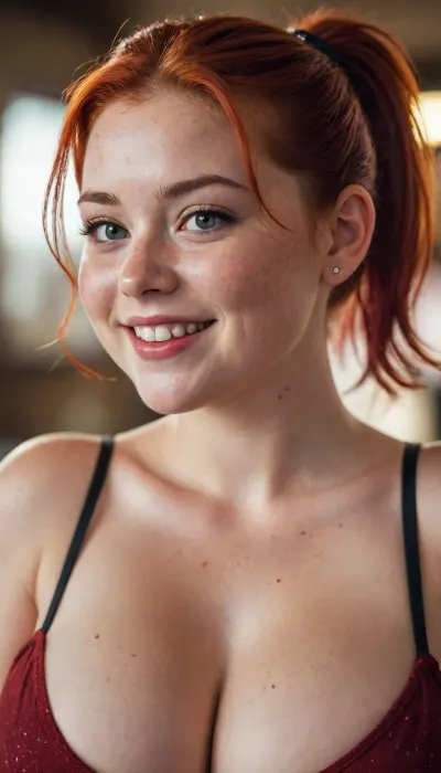 1girl, ponytail, red hair, very chubby, Freckled face and chest, smile, realistic, ((cute face)), masterpiece, (best quality:1.1), (depth of field:1.1), (analog photography:1.2), <lora:milkers_v2:1.2>, <lora:275493_training_data:1.5>