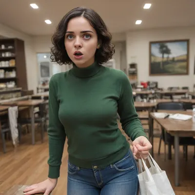 close up of a 28 year old woman, standing, looking at a shopping bag on a table beside her, wearing a dark green turtleneck cashmere pullover, jeans, (dark green pullover:1.1), (middle parting), short dark hair, (curly bobcut:1.1), short wavy hair, (surprised expression:1.2), disgusted expression, indoors, room with desk, alone, wooden floor, sweaty skin, (speaking:1.2), (open mouth), (snapshot)