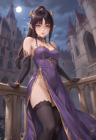 Cute Girl, elf, standing on castle balcony, night, front view, wide angle, bright vivid colors, (evil facial expression:1.3), light makeup, cute medium breasts, black hair, (hair in ponytail), nose chain piercing, partially clothed, (long black stockings:1.3), long black opera gloves, golden tiara with two long golden horns, (extremely detailed dark purple dress with gold trim:1.2), (long dress:1.3), cute petite body, cute bubble butt, cute muscular thighs, (light white eyes), ((large iris)), (perfect big eyes), perfect face, (large full beautiful lips:1.6), <lora:outline_xl_kohaku_delta_spv5x:1.3>, <lora:NEOTOKIOXL_0.2_RC:.7>, <lora:Ppolar-P3v1-NbVp10:.7>, <lora:one breast out XL:2>, <lora:cartoon_stickers_xl_v1:.5>
