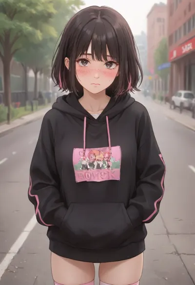 1 girl, 40 years old, black hoodies, black hair with pink streak, shirt, sport short, freckles, legwear, hands on hoodies, blush, in park, <lora:outline_xl_kohaku_delta_spv5x:1.3>, <lora:NEOTOKIOXL_0.2_RC:.7>, <lora:Ppolar-P3v1-NbVp10:.7>, <lora:one breast out XL:2>, <lora:cartoon_stickers_xl_v1:.5>