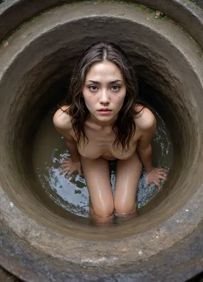 A female soul crawled out of an ancient Japanese well, with bruises all over her body and graying long hair, (grayish eyes slightly bright), (bone organs visible), (ultra-wide-angle panorama), <lora:Takato_Yamamoto_Style:1.4>