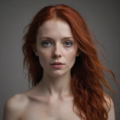 A RAW photo of a petite Celtic woman, 35 y.o., albino, very skinny, (black eyes), red hair, long messy hair, light grey hue background, full headshot, no clothes, 4K, 8K UHD, hyper-photorealistic, ultra-realistic