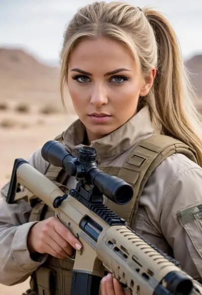 Ava, female soldier, slightly tanned, sniper, (military attire), (desert camouflage), long straight blonde hair in a ponytail, ((large breasts)), light makeup, (holding sniper rifle), action scene, close-up