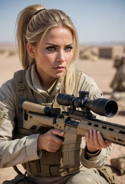 Ava, female soldier, slightly tanned, sniper, (military attire), (desert camouflage), long straight blonde hair in a ponytail, ((large breasts)), light makeup, (holding sniper rifle), action scene, close-up, military facility