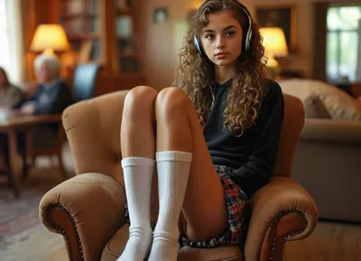 deeply tanned 18 years old girl with very long curly hair and headphones wearing black hoodie and extremely short plaid mini skirt and white thigh-high socks sitting upright on an armchair in a living room, exposed naked shaved pussy beneath her mini skirt, pantieless, bored face, view from opposite, ((group of formally dressed elder people sitting in blurred background)), coffee table in foregound, upskirt, vagina, out, rear, shot, front, <lora:BUT_SDXL_SHS:.6>, <lora:MJ52:.6>, <lora:DetailedEyes_V3:.6>, <lora:upskirt:.3>