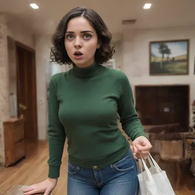close up of a 28 year old woman, standing, looking at a shopping bag on a table beside her, (looking at a bag with pink content on a table beside her:1.1), wearing a dark green turtleneck cashmere pullover, jeans, (dark green pullover:1.1), (middle parting), short dark hair, (curly bobcut:1.1), short wavy hair, (surprised expression:1.2), disgusted expression, indoors, (standing in a small empty room with white walls and a cheap desk:1.5), (alone:1.1), wooden floor, sweaty skin, (speaking:1.2), (open mouth), (snapshot)