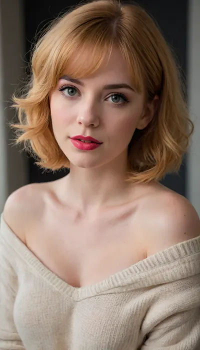 ziprealism, (romantic esthetic, bashful girlfriend, perfect eyes:1.2), (low angle, medium full shot, sharp focus, focus on chest), (comfy oversized sweater, off the shoulder, pale breasts, cleavage:1.4), (sense of vulnerability), (flawless skin, pale alabaster skin, bright red lipstick), (strawberry-blonde hair, voluminous hair, bangs haircut, short cut hair, hair framing delicate face:1.4), minimalist composition, subtle makeup details, textured dark charcoal grey studio background, subtle vignette, (dramatic cinematic lighting), strong key light illuminating the face, shallow depth of field, bokeh background, professional color grading, RAW photo quality, striking visual contrast, short focal length