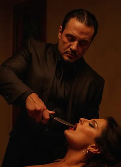 ((maniac male gangster cruelly assasinating lascivious voluptous mature prostitute:1.5)), (assasinating with a knife:1.5)