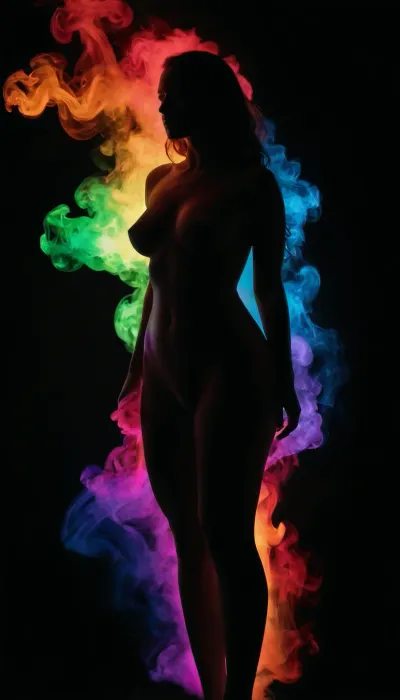 Art photo, (((completely black background))), (completely black silhouette outline of a curvaceous nude woman with a hourglass figure:1.2), wide hips, narrow waist, (((rainbow colored neon glowing smoke rising in the background))), pitch black silhouette, (Silhouette cutout:1.3)
