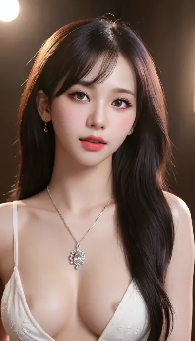 High detail RAW color photo professional, (realistic, photo realism:1.37), (highest quality), (best shadow), (best illustration), ultra high resolution, highly detailed CG unified 8K wallpapers, physics-based rendering, cinematic lighting, rather closeup, completely nude, shinning black hair, side bang, head tilt, brown contacts, natural skin, perfect nose, extremely beautiful korean face, angelic face, gorgeous, shinny skin, perfect body, sagging breasts, tiny pussy, diamond necklace with A-shaped pendant, dynamic pose, low angle, low saturation, low contrast, dark background, spotlight, yujimin, krnpp, <lora:yujimin_v10:1.2>, <lora:karina_sdxl_v10:.7>