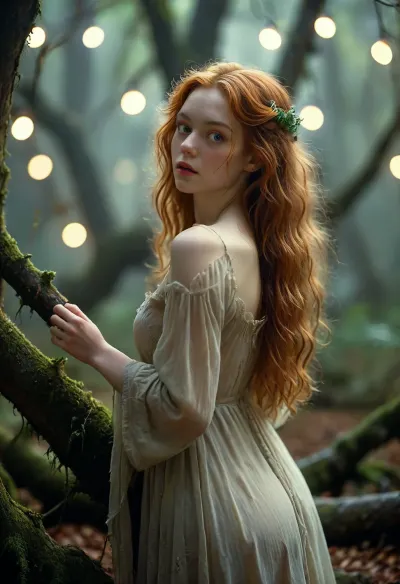 Rating_explicit, score_9, score_8_up, score_7_up, masterpiece, cinematic, best quality, ultra-detailed, beautiful young witch, long ginger flowing hair, enigmatic deep eyes, mysterious, wise, melancholi, (ripped clothing, thorn nightgown, transparent nightgown), a misty ancient forest, atmospheric lighting, soft flickering candlelight, soft moonlight filtering through canopy, gnarled ancient oak trees, moss-covered roots, ethereal glowing wisps, (bokeh), dense atmospheric mist, color palette, muted earth tones, deep greens, charcoal black, ivory, silver accents, composition reminiscent of 18th century paintings, shallow depth of field, film grain, soft focus background, sense of quiet solitude and ancient mystery, Stanley Kubrick shot, fantasy, historical atmosphere, NSFW, torn, fly, down, at, _______, <lora:MJ52:.8>, <lora:tornclothesv6-8:.8>