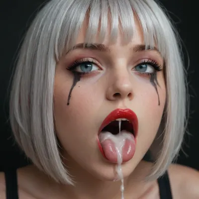 silver hair, (bob cut with bangs:1.5), goth girl, goth makeup, red lipstick, cat eye makeup, smudged makeup, picture of an open mouth with red lipstick, only mouth is visible, extreme close-up, zoom in, tongue sticking out, oral cumshot, projectile cum, cum on tongue, black background, excessive creampie