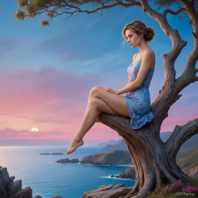 A painting depicts a coquettish women perched on a gnarled tree branch. The serene ocean and twilight sky, with hues of blue and pink, form the background. The scene is tranquil, with rocky terrain and sparse grass in the foreground. The women´s glossy skin contrast with the muted landscape. #©KITTYART



































#©KITTYART