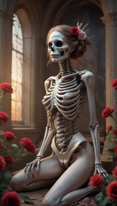 A Macabre and Surreal Illustration of a woman in light pastels depicts a skeletal figure adorned with elaborate floral arrangements that blend elements of the Gothic and Symbolist art movements. Meticulously detailed. Strong contrast between the organic and inorganic. A somber and timeless atmosphere with a hint of nostalgia and history. The light source comes from the front and casts subtle shadows that enhance the three-dimensionality of the bones and flowers. The floral elements are rendered with great attention to detail, their soft petals contrasting with the sharp, angular lines of the skeleton. The flowers add a romantic touch to the work. The texture is smooth with delicate, precise lines and a polished finish. Masterful blend of horror and beauty. Provokes reflection on the transience of life and the inevitability of death.. romantic sunset, red, smoke, colorful and vibrant, mystical colors, iridescent perspective view, sweeping circling composition, non-representational, colors and shapes, expression of feelings, imaginative, long shadows, dreamy mood, detailed photo, photorealistic photo, realistic pretty women photo, realistic night vision, soft fokus, parallax, overexposure, photo style, she kneels, cinematic, filmic, scribbled lines, surrender, polychromatic, diffuse, #©KITTYART