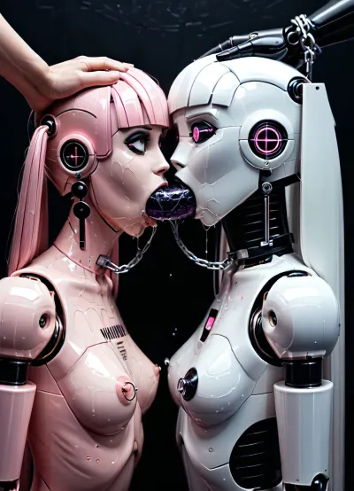 2 girl, facing each other, (skinny:1.3), nude very pale petite emo camgirl, looking into each other's eyes, horizontal giant double dildo, (detail black long double dildo, one girl on each end, they are pushing black long dildo deeply down her throat:1.1), (detail girls deepthroat each end of the same double dildo, trying to meet in the middle), wet oiled skin, platinum white bangs, long pigtails, branding on chest, nipple ring, small boobs, (nipples chained together), 1 double dildo deep throating, (detail giant robot hand pushing back of head:1.5), intense head movement, excited enthusiastic, ((detail dildo throat bulge)), (dark pastel goth bedroom), (pink and green neon lighting), high side view, <lora:xl_more_art-full_v1:1>