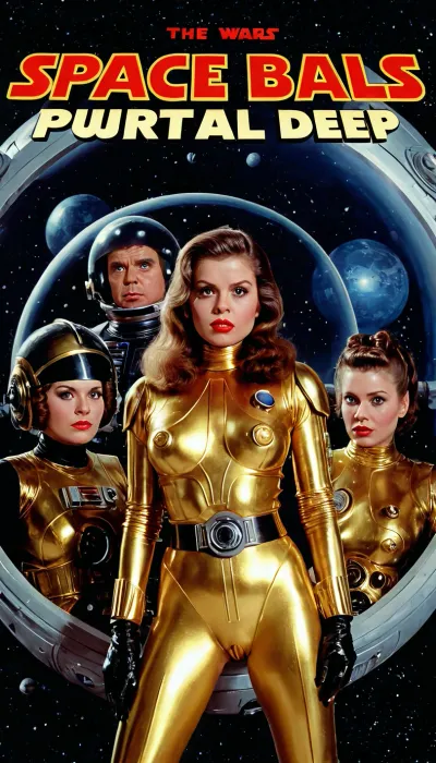 ((A sexual movie poster with the title "Space Balls deep" the poster lettering is in star wars style)), featuring hot three very nerdy woman in vintage looking space travel outfits, a bar on a spaceship, ((wet sweaty body, wet sweaty vagina)), beautiful perfect figure, long hair, breasts, pink Nipples, Knee-high boots, rubber stockings, perfect tall legs, charming eyes, angry yet gracious face, dark background, fbody-focused composition from a high angle, alluring figure, dark fantasy, dynamic composition, red lipstick, warm hues, golden hour light, hyperrealism, hypperrealistic, hyperdetailed, 64k, ultraHDR, sci-fi, lens-flare, Anamorphic, cold, atompunk, AtompunkSDXL, <lora:431565_training_data:.8>, <lora:detailed_notrigger:1.2>, <lora:EnvyAtompunkXL01:1.6>, <lora:Superhero_Movie_Poster_SDXL:.8>