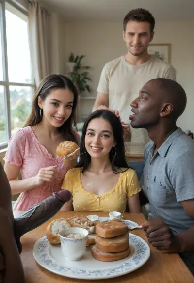 (interracial cuckold:1.4), (extreme super giant large massive black penis:1), A cheerful, (Iranian husband), and, (slutwife), sitting at a cozy breakfast table at home, morning light coming through the window. Both are in sexy slutty sheer pajamas, smiling and, (feeding each other giant black penis:1.4), (There's super sticky cum on tea, super sticky cum on bread, super sticky cum on fruit:1.5), and giant black penis on the table. The scene feels fresh, intimate, and warm — a loving couple starting their day with big black penis., diaphanous, dress, detailed, eyes, perfect, freckles, skin, texture, photorealistic, <lora:add-detail-xl:.8>, <lora:xl_diaphanous_dress-1.0:.8>, <lora:Super_Eye_Detailer_By_Stable_Yogi_SDPD0:.8>, <lora:cfg_scale_boost:.8>