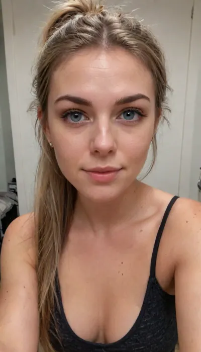 ((ultimate quality:1)), score 9, score 8, iphone bathroom mirror selfie, showing me her sheer dark pantyhose tights, tack sharp, UHD, Uncomfortable, shy pose, vulnerable, please stop, mobile selfie, full mirror selfie, bathroom mirror selfie, nice smile, side smile, smouldering look, Picture taken at unique angles, sexy selfie, funny selfie, silly face, Instagram selfie, Facebook selfie.

About her, She is 39 years old female mom, wife, her height is 175cm., ((smokey blonde thick hair in a messy ponytail)), .
long round oval face, blue eyes, ., (small bust), size b breasts, sagging tits, perky little breasts, Sun Tanned skin.
Hair up in a ponytail., very, dark, focused, flash, photo, 90s, style, 80s, Analogic, 1990s, <lora:sdxl_darkflash_v6-000060:.2>, <lora:Portraits_and_beuty (1):2>