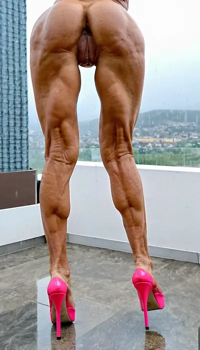 just close up legs, gilf woman, very old bodybuildingskinny body, big pussy labia, muscular legs in neon color platform mules high heels, from back view, muscles stiration, naked pussy, net stockings, stand broad, strong calves, in penthouse, close up feets, platform mules, mules, in the rain, do, you, like, my, bum, <lora:doyoulikemybum:.8>