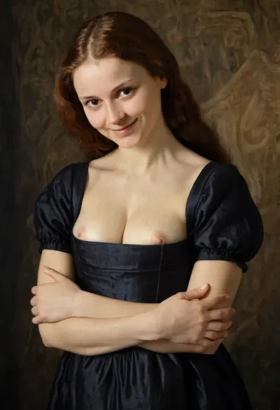 (Florentine noblewoman in 1503, modest renaissance dress, subtle smile, hands folded), --style of Leonardo da Vinci portrait, chiaroscuro, oil painting look, canvas texture