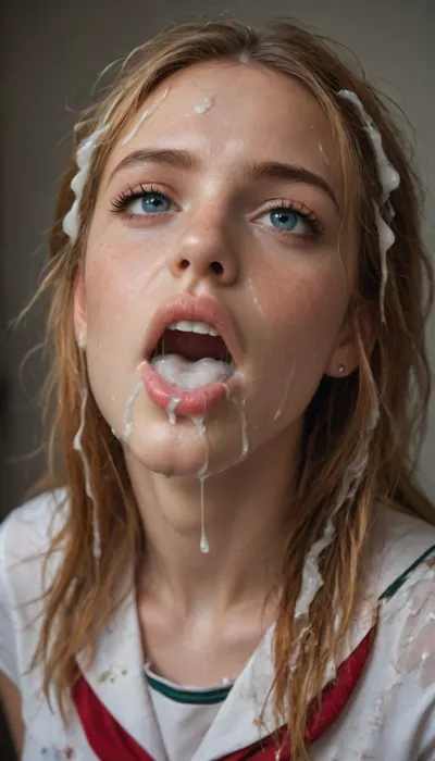 Nymphomaniac pretty ginger hair Irish girl 18 years old, slutty, ((wearing school uniform)), big detailed beautiful eyes, messy blonde hairstyle, mouth open, ((covered in cum, cum in hair, cum in mouth, cum on lips, cum on clothes)), wet hair, drenched hair, sweaty hair, sweaty skin, skin pores, detailed face, HD, full lips, extreme mouth detail, realistic freckles, detailed skin, realistic skin, High Res, 4k, masterpiece, Ultra realistic, natural skin tone, high definition, high quality, <lora:facialized:.5>