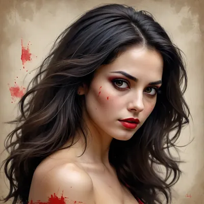 woman 35 yers old, Sketch painting. Old yellowed parchment, ink blots, bold black strokes, female, simple composition, striking usage of minimal red strokes. touching. kind eyes. elaborate hair. dark makeup. very long black curvy hair