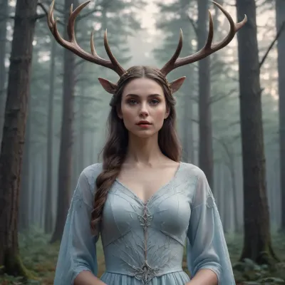 This digital artwork features a majestic women with imposing antlers set against a twilight forest. The use of cool, muted tones and soft light creates a serene, mystical atmosphere. The smooth, stylized trees, suggesting a blend of realism and fantasy. The composition evokes a sense of tranquility and otherworldliness. #©KITTYART



































#©KITTYART