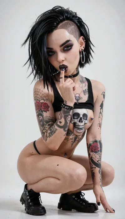 emo woman, lots of tattoos, lots of piercings, dark hair, pale skin, scene outfit, emo hair, large lips, full body view, sexy pose sucking finger, titcup, <lora:titcupv2_SDXL:.8>