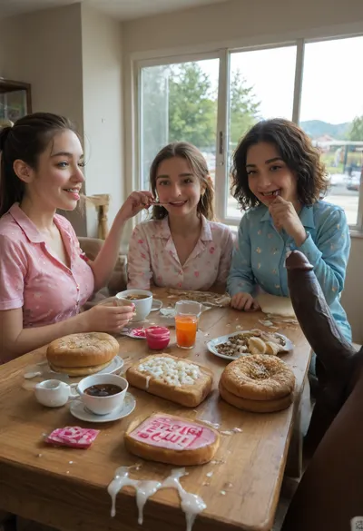 (super sticky cum splash on table and foods:1.5), ., (interracial cuckold:1.4), (extreme super giant large massive black penis:1), A cheerful, (Iranian husband), and, (slutwife), sitting at a cozy breakfast table at home, morning light coming through the window. Both are in sexy slutty sheer pajamas, smiling and, (feeding each other giant black penis:1.4), (There's super sticky cum on tea, super sticky cum on bread, super sticky cum on fruit:1.5), and giant black penis on the table. The scene feels fresh, intimate, and warm — a loving couple starting their day with big black penis., detailed, eyes, perfect, freckles, skin, texture, photorealistic, romantic_couple_poses, <lora:add-detail-xl:.8>, <lora:Super_Eye_Detailer_By_Stable_Yogi_SDPD0:.8>, <lora:cfg_scale_boost:.8>, <lora:1365620_training_data:1.2>