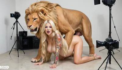 (Chleo is a extreme beautiful young pornstar 18yo, main hero character), (perfect young face:1.3), (beneath a PERFECT LION:1.3), (being fucked by a wild LIION in the pussy), (fucking a LION's dick:1.3), (doggystyle), (lion's dick in pussy), (filming studio), (at detailed luxurious PORN STUDIO STAGE), pleasure, horny moaning, (fetish, zoophilia, bestiality, impregnation), (perfect beautiful face:1.3), (perfect beautiful breasts:1.2), (tattoos:1.4), (nipple rings:1.4), (very long blonde hair:1.5), (smooth pale skin:1.3), (perfect mouth), (perfect teeth), (perfect BIMBO body), (perfect beautiful eyes), (perfect nipples), (perfect beautiful hands and feet), (perfect smooth shaved pussy), (perfect Bimbo makeup), (realistic creampie:1.1), PREGNANT BY a tiger, (masterpiece, real image, hyper realistic:1.5), (perfect image, no errors), 8K, full body view, (slutty golden anklet:1), (real bestiality impregnation:1.1), puffy, nipples, dark, wide, stud10, screen, photostudio, shooting, light, indoors, cable, cyclorama, white, <lora:Nipples XL:.8>, <lora:stud10:.8>, <lora:PhotoStudio_SDXL_V1:.8>