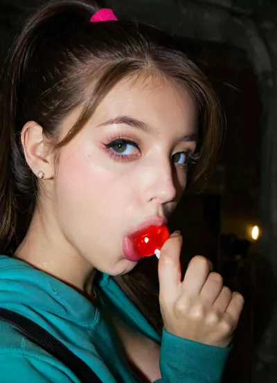 sucking on a red lollipop