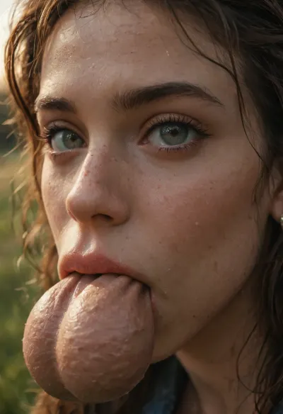 Brutal, close up, large balls in mouth, ultra realism, volumetric shading, grass, dramatic lighting