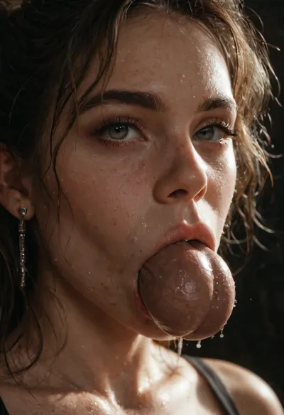 Brutal, close up, large balls in mouth, ultra realism, volumetric shading, nighttime, dramatic lighting