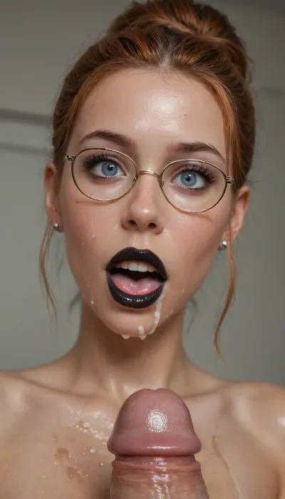 a sexy young curvy beautiful latex space whore slut sucks one huge alien penis and gets a huge cumshot all over her face, big round silicone breasts, facial, bukkake, cum on face, cum in mouth, sexy glasses, orange hair, hair bun, smiling, black lipstick, goth makeup, (oiled skin:1.3), (shocked:1.1), view from below, speech bubble says "YES!"