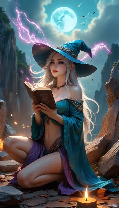 Rating_explicit, score_9, score_8_up, score_7_up, source_anime, anime style, anime pencil sketch, low angle, nude, beautiful witch holding magic book, hairy pussy, kneeling near stone altar altar carved in cliff, ancient runes swirling in air, oversized witch hat floating in air, floating scrolls and leaves, wide-open teal eyes, laughing, windswept long silver hair, tattered purple cloak flapping violently, magical tornado coming from book, (sparkling cyan winds), storm clouds on background, vivid colors, electric blue, amethyst, moonlight silver, hat, cloak, supermodel face, big lips, ratatatat74, zzmagicbook, <lora:ratatatat74-000050:1.8>, <lora:FantasyIconsBooksXL:1.2>, <lora:MJ52:.8>