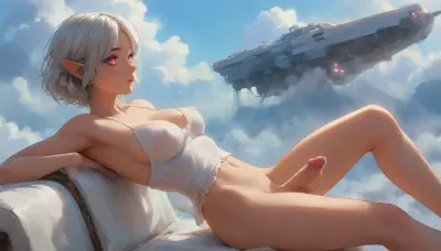 (Dark elf sorceress), glowing pink eyes, (detailed eyes), (perfect eyes), white hair, deep cleavage, seductive gaze, She's sitting back in a cloud chair, the chair is made of clouds, Clouds in the background, surrounded by clouds and sky, her legs are raised and spread apart, her arms are raised, she has short curly white hair, a white transparent blouse, no panties, no stockings, big round boobs, erect nipples, shiny body, toned abs, narrow waist, curvy hips, Profile view, looking from the side, sticking his ass up, testicles hanging down, relaxing pose, soft fog, erotic fantasy lighting, NSFW, masterpiece, highly detailed, futanari, futanari short penis, testicles, erection, futa_overflow, cum in zero gravity, dripping cum at himself, solo, bangs, eye, focus, confused face, sparkle, looking, at, viewer, glowing, eyelashes, <lora:J_cartoon:.3>, <lora:Animated_Concept:.3>, <lora:samdoesarts1.1-000030:.3>, <lora:209970_training_data:.8>, <lora:Jeweled eyes-NAI:.8>