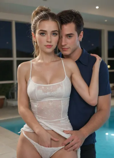 A beautiful caucasian woman, 22 years young, she have blonde sexy messy hair with ponytail, she is standing with her legs apart, wearing a seductive, short white wet dress that just covers her hips and has a low neckline and a sexy cleavage, she is wearing high heels, she looks pleased, resort pool at night, stars, rainny sky, people in the background, ((man embracing her from behind, woman aiming viewer, one man hands exposing one of woman boobs, (other man hands inside woman panties, man hand masturbating woman inside her panties))), (((upper body zoom)))