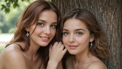 Cutest girl ever, 18 yo young actress from Friends tv show, summertime, amazing green eyes, smiling, straight long auburn hair, posing naked under a tree, (gorgeous, beautiful)