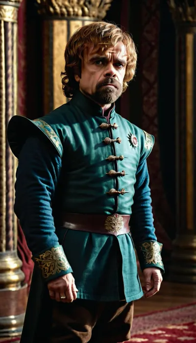 Super realistic image, full colour image, full body view, full body in frame, 8K quality, super detail, masterpiece, Tyrion Lannister from Game of Thrones, waist view, front view