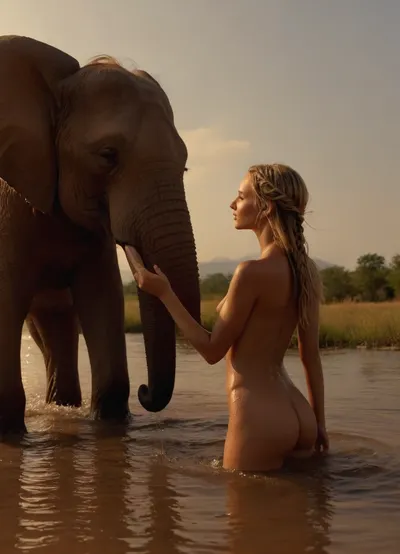 8k uhd, pretty young stark naked deep tanned 18 year old woman gets splashed by an elephant on the shallow shore of an african lake, a gush of water from the elephant's trunk, woman with shaved pussy and narrow waist and very long braided blonde hair, afternoon light, sunbeam from the side, <lora:SDXL_GodPussy_v1:.7>, <lora:attractive_notrigger:.7>, <lora:add-detail-xl:.7>, <lora:Midjourney Image Enhancer XL v1:.7>