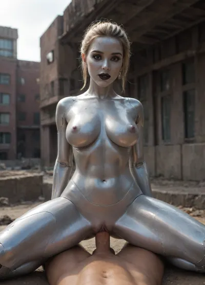 Brunetka 25 lat, nude, silver skin, style haime sorayama art, big round silicone breasts, woman-cyborg, Megan robot, metal skin, cyborg woman, steel skin, blonde hair, hair bun, smiling, black lipstick, goth makeup, (steel skin:1.5), (shocked:1.1), FastNegativeV2, BadDream, Perfect face, translucent, transparent, full body, sci-fi, cowgirl sex, pov, cock in pussy, alien city, sky city, SyFyEye1, <lora:sdxl_glass:1.1>, <lora:SyFyEye1_XL_v1.0:1.4>, Robot, Skin, Android, <lora:robot_skin_XL_1.0.6:1.8>