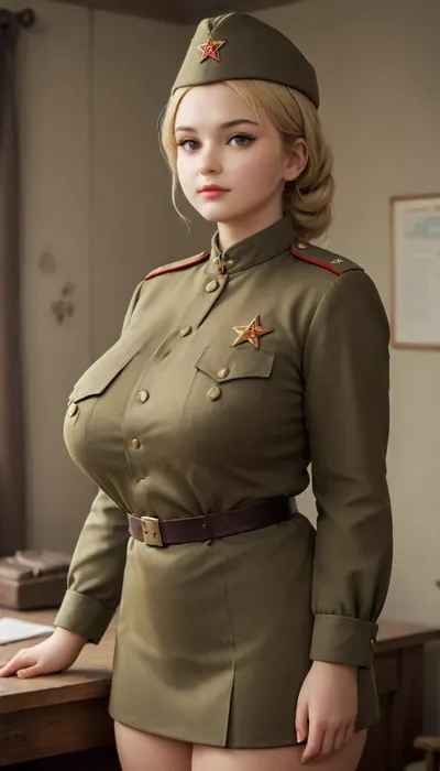 in the 1960s, Natural Platinum Blonde chubby Soviet Beauty, 22 yo, She is wearing a army officer military uniform with gigantic breasts, Headband, Fully clothed, at the Army Officer's Office, view from side, plump, skindentation, chubby, bbw, venus, body, big, breasts, ass, Soviet, Military, uniform, <lora:milkers_v2:.8>, <lora:add-detail-xl:1.2>, <lora:MJ52:.8>, <lora:Chubby BBW - XL:.8>, <lora:SDXL 50Soviet Military uniform-000003:.8>