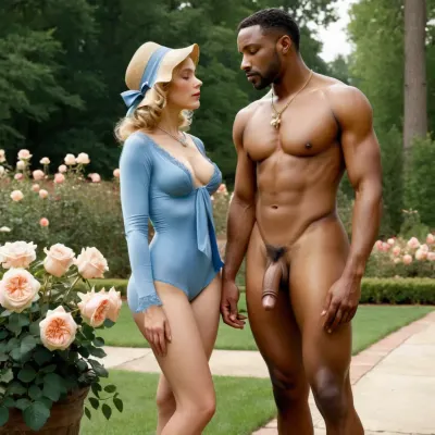 masterpiece, best quality, 1girl, 1black man, (an old black man with a naked torso), Lustfully looks at a poor old black male gardener in a park watering roses, J.C., Leyendecker, Style, page, short, whdbd, A lustful look, blue, dress, jewelry, necklace, bonnet, long, sleeves, bow, lace, trim, frills, pantyhose, country estate, well-kept park, beautiful flower beds, penis, <lora:xpenis-1.5e:.8>, <lora:J.C. Leyendecker Style:.7>, <lora:whdbd XL:.7>