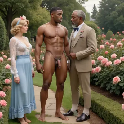 masterpiece, best quality, 1girl, 1black man, (an old black man with a naked torso and massive cock), Lustfully looks at a poor old black male gardener in a park watering roses, J.C., Leyendecker, Style, page, short, whdbd, A lustful look, blue, dress, jewelry, necklace, bonnet, long, sleeves, bow, lace, trim, frills, pantyhose, country estate, well-kept park, beautiful flower beds, penis, <lora:xpenis-1.5e:1.3>, <lora:J.C. Leyendecker Style:.1>, <lora:whdbd XL:.7>