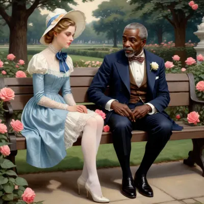masterpiece, best quality, 1 white noble girl, 1 The black servant, (an very poorly dressed old black man with), A girl sits on a bench and Lustfully looks at a poor old black servant- gardener in a park watering roses, J.C., Leyendecker, Style, page, short, whdbd, A lustful look, blue, dress, jewelry, necklace, bonnet, long, sleeves, bow, lace, trim, frills, pantyhose, country estate, well-kept park, beautiful flower beds, <lora:J.C. Leyendecker Style:.4>, <lora:whdbd XL:.8>