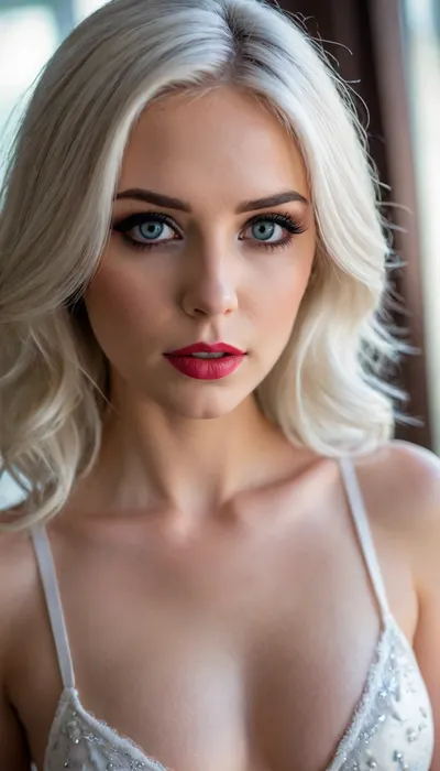 ziprealism, (smug, expressive eyes, breathtaking eyes, mesmerizing eye contact), (silky hair, brilliant white hair, stark white hair, stylish hairstyle), (vivid lipstick, heavy eyeshadow, dark eyeshadow, bold eyeliner:1.4), (sharp chin, chiseled cheekbones, triangular face, full lips), (medium closeup, professional lighting, award winning portrait, tight focal length, rule of thirds framing:1.2), (sharp focus, focus on bra, perfect eyes), (crystal blue eyes, catchlights, detailed eyes, limbal ring), (subtle freckles and skin imperfections:.4), posing in front of sunny window, streaming sunlight, godrays, sexy white bridal lingerie, cleavage, natural skin texture, soft bokeh, <lora:add-detail-xl:.8>